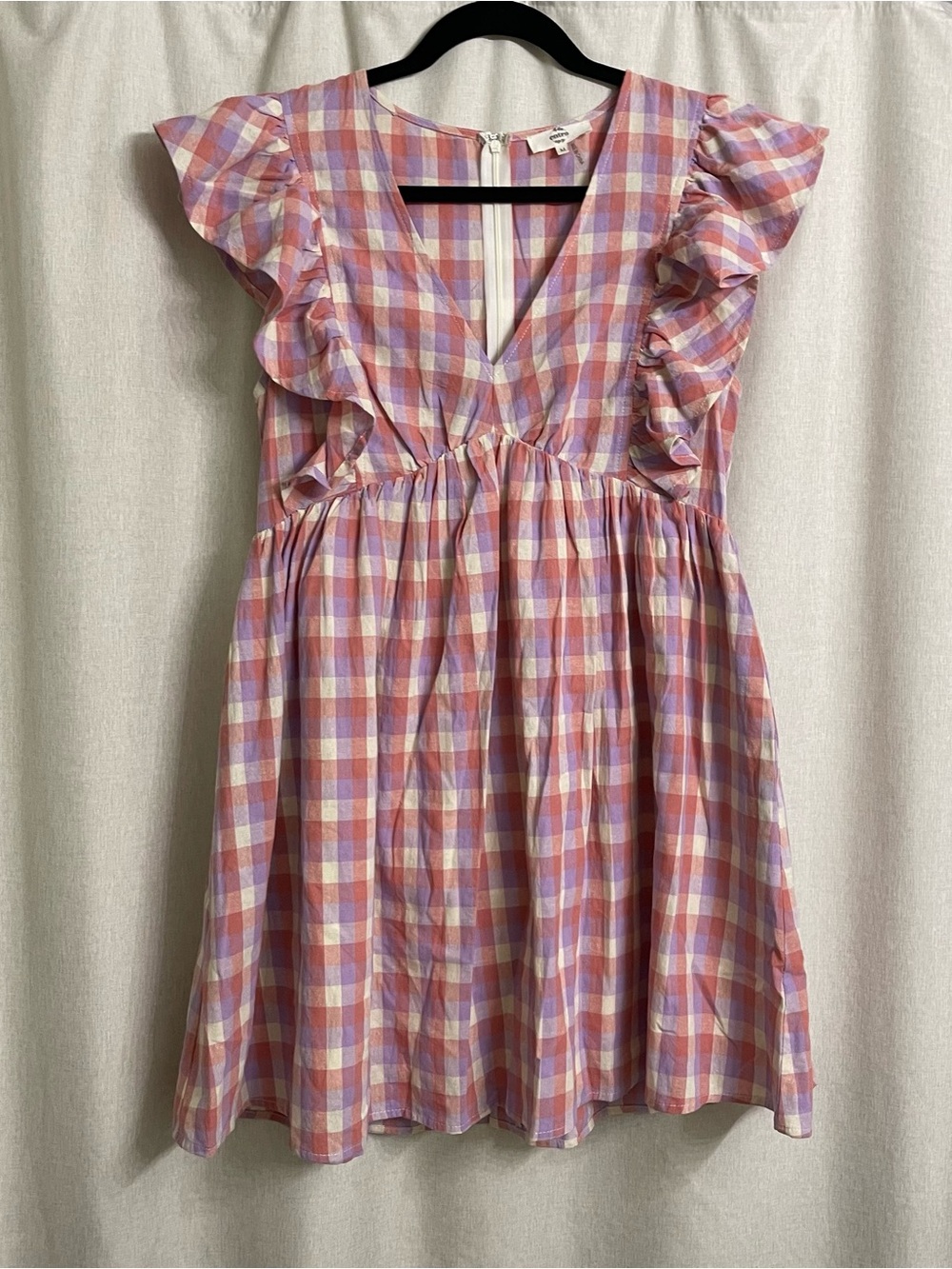 Entro Gingham Ruffle Sleeve Babydoll Mini Dress Pink Purple Size M